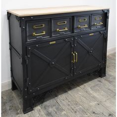 a black cabinet with gold handles and drawers