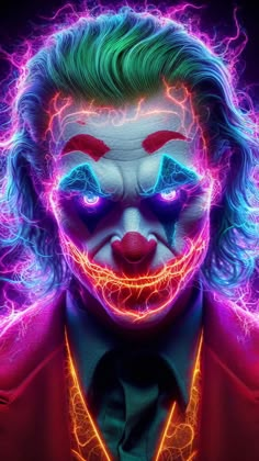 the joker in neon lights is looking at the camera