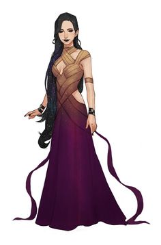 a drawing of a woman with long black hair wearing a purple dress and holding her hand out