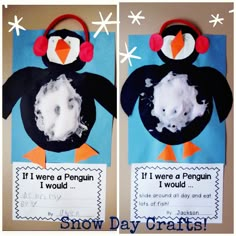 two pictures of snow day crafts with penguins