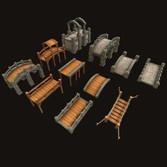 an assortment of wooden furniture on a black background, including a chair and two tables