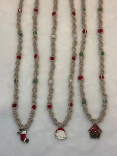 Add a touch of bohemian flair to your look with this 18-inch Hemp Necklace. Handcrafted with high-quality hemp material, this necklace features a unique spiral design that adds visual interest to any outfit. Each color scheme makes it perfect for the holiday season. Ideal for those who love artisan jewelry, this necklace is perfect for casual wear or dressing up for special occasions. The 18-inch length is ideal for layering with other necklaces or wearing alone as a statement piece. Bring a touch of natural beauty to your jewelry collection with this one-of-a-kind hemp necklace. Bohemian Jewelry For Christmas Holiday, Bohemian Jewelry For Christmas, Bohemian Christmas Holiday Jewelry, Bohemian Christmas Jewelry, Handmade Adjustable Necklaces For Holidays, Cat Gingerbread, Hemp Material, Candy Cane Heart, Hemp Macrame