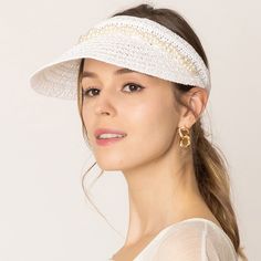 White Pearl Accented Trim Straw Womens Fashion Statement Accessory Brimmed Sun Visor Bling Hat Cap W 410082 H Chic Spring Visor Sun Hat, White Straw Cap For Vacation, White Cap Straw Hat For Vacation, Elegant Spring Visor Sun Hat, Casual White Straw Hat For Summer, Adjustable White Straw Hat For Beach Season, Trendy White Straw Hat, Chic Summer Visor Hat, Adjustable White Summer Hats