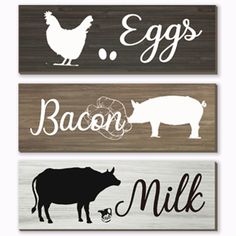 three signs that say eggs, bacon, milk and an egg on them with farm animals