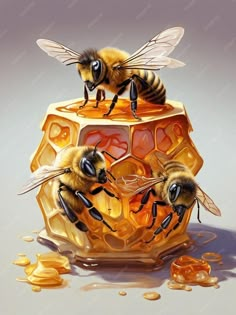 two bees on top of a honey jar filled with honeycombs and one has it's wings open