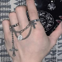 itGirl Shop | SILVER CROSSES GOTH AESTHETIC CHAIN RINGS Grunge Accessories, Goth Outfit, Chain Rings, Head In The Clouds, Gothic Rock, Grunge Look, Tumblr Outfits, Panic! At The Disco