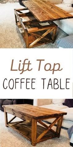 a coffee table made out of wooden pallets with text overlay that reads, lift top coffee table