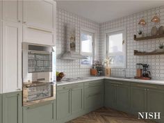 an image of a kitchen setting with green cupboards and white tile on the walls