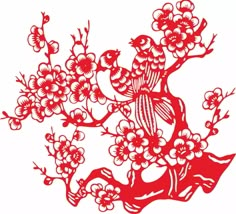 a red paper cut bird sitting on top of a tree branch with flowers in it