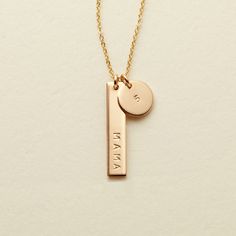 Made By Mary Mama & Co Bar Necklace | Customizable, Hand Stamped Personal Mantra, Gold Necklace Pendant, Earrings Gold Hoops, Jewelry Gold Necklace, Made By Mary, Mama Necklace, Vertical Bar, Hoops Gold, Gold Bar Necklace