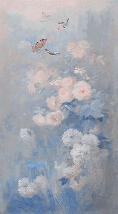 a painting with flowers and birds flying in the sky