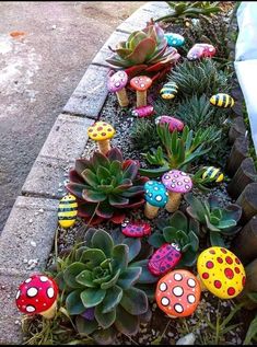 an assortment of colorful rocks and succulents in a flower bed on the sidewalk