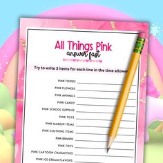 a pink paper with an all things pink checklist on it and a pencil in the middle