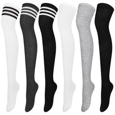 PRICES MAY VARY. Package includes: 6 pairs of thigh high socks for women, which are in 2 types; 3 pairs in pure colors, gray, black and white, the other 3 pairs with three bars, including the black high socks with white bars, the white high socks with black bars and the gray high socks with white bars, fashion and classical, elegant and practical Size: The length from the sock top to the heel is about 46 cm, the toe to the heel about 18 cm; being elastic and stretchy enough, the maximum circumfe High Thigh Socks, Thigh Socks, Over Knee Socks, Striped Tights, Leg Warmer, Stockings Legs, Over The Knee Socks, Thigh High Socks, Thigh High Stockings