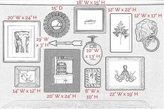 eclectic mix gallery wall with sizes and measurements in home office Gallery Wall Mirror Center, Gallery Wall Around Large Mirror, Gallery Wall With Clock And Mirror, Spiral Gallery Wall Layout, Gallery Wall With Mirror In Center, Picture Wall Layout, Photo Gallery Wall Layout