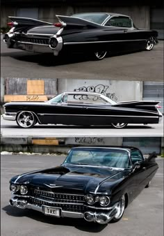 an old black car with chrome rims parked in a parking lot next to another classic car