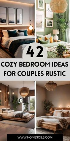 four different pictures with the words cozy bedroom ideas for couples rustic and modern decorating