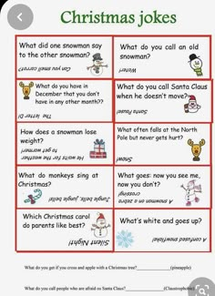 christmas jokes worksheet for kids with pictures and words on the page, which is also