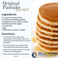 a stack of pancakes with syrup and butter on top is featured in the realtors international pancake recipe