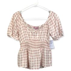 This Is A New With Tags Crave Fame Pink Plaid V Neck Scrunched Waist Top. The Material Is 100% Rayon. The Size Is A Small. Measurements: Pit To Pit: 16” Length: 20.5” Feel Free To Offer! Bundle And Save! White Casual Smocked Top With Short Sleeves, White Smocked Top With Short Sleeves, Vacation Smocked Top With Short Sleeves, White Smocked Short Sleeve Top, Casual Smocked Top For Day Out, Casual Cotton V-neck Smocked Top, Casual Summer Blouse With Smocked Bodice, Casual Smocked Short Sleeve Top For Day Out, Casual Short Sleeve Smocked Top For Day Out