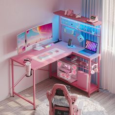 a pink desk and chair in a room