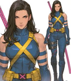 a woman in blue and yellow outfit holding two swords