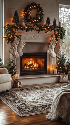 a living room filled with furniture and a fire place in the middle of christmas decorations