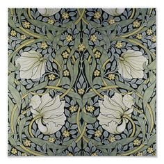 an intricately designed wallpaper with flowers and leaves in green, yellow and blue colors