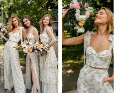 four beautiful women in white dresses posing for the camera and holding flowers on their heads