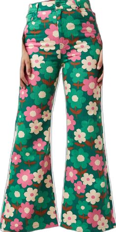 green Vintage Floral Print Pants For Fall, Retro Wide Leg Floral Bottoms, Retro Wide Leg Bottoms With Floral Print, Casual Flared Bottoms With Floral Print, Trendy Floral Print Fall Bottoms, Retro Floral Print Bottoms For Spring, Retro Spring Flare Pants, Retro Wide Leg Pants With Floral Print, Trendy Flare Pants With Floral Print