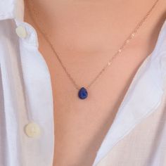 ♥ LIZBETH JEWELRY CO. BIRTHSTONE COLLECTION♥ →SAPPHIRE Give this September Birthstone Sapphire Necklace necklace as the perfect dainty gift for that special person in your life. Or, treat yourself (you deserve it♥) with this dainty necklace that is beautiful on its own or layered with other pieces. These stones are hand-cut, pear-shaped crystals that are 100% genuine. They are not dyed or swapped for a cheaper, fake crystal. * M A T E R I A L S * GENUINE, Earth-mined, Hand-cut Gemstones, 14k Ros September Birthstone Necklace, Necklace Sapphire, Sapphire Birthstone, Emerald Birthstone, September Birthstone Jewelry, Necklace Birthstone, Christmas Gift For Mom, May Birthstone, Emerald Necklace