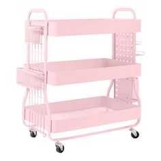 a pink cart with three baskets on the bottom and two wheels attached to each side