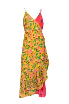 This Farm maxi dress features a playful, colorful fruit and chili pepper print in a bold yellow and pink color block. Made in lightweight textured cotton, this dress is perfect for a sunny vacation in Cabo or Tulum. Style with a platform wedge, statement earrings, and crossbody bag. Size XL 100% Cotton Fully lined Adjustable sleeveless straps Ruffled trim Bust 42" Waist 34" Shoulder to hem 57" Summer Beach Dress With Fruit Print, Vibrant Summer Maxi Dress With Vibrant Print, Summer Garden Party Multicolor Print Maxi Dress, Vibrant Print Maxi Dress For Summer, Yellow Summer Dress With Fruit Print, Spring Beach Maxi Dress With Lemon Print, Vibrant Fitted Maxi Dress For Summer, Beach Sundress With Fruit Print, Summer Tropical Cotton Dresses