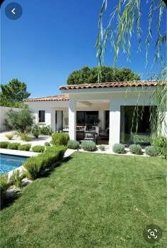 a house with a swimming pool in the front yard and lawn area next to it