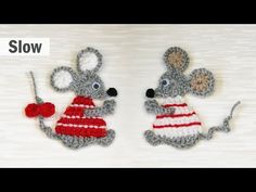 two crocheted mouses with hats and mittens on their heads, one wearing a red and white striped sweater