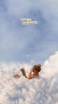 a woman reading a book while floating in the air with clouds and sky behind her