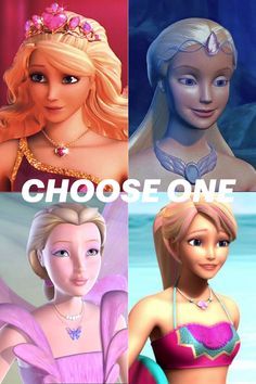 four different princesses with the words choose one in front of them, and an image of