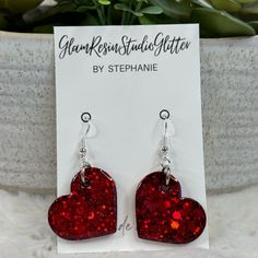 Stainless Steel Handmade Earrings Glitter Earrings For Valentine's Day Party, Red Valentine's Day Festive Earrings, Sparkling Heart-shaped Earrings For Gift, Sparkling Heart Earrings For Gift, Red Glitter Earrings For Party, Red Glitter Jewelry For Party, Heart-shaped Earrings For Valentine's Day Party, Red Glitter Party Earrings, Valentine's Day Heart Earrings For Party