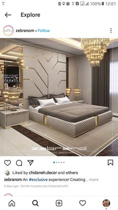 a bed room with a large bed and a chandelier hanging from the ceiling