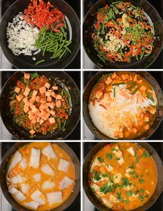 four pictures show different types of food cooking in pans on the stove top, including rice, carrots, and green beans