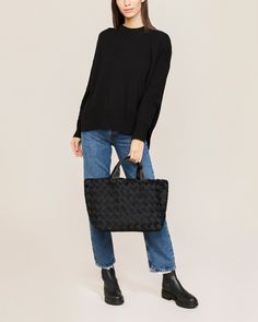 Handwoven neoprene and nylon handles in true black. The Tangier Medium Tote is an elegant top-handle bag. Summer Neutrals, Neoprene Tote, Cosmetic Shop, Tangier, Medium Tote, Handle Bag, Top Handle, Onyx, Top Handle Bag