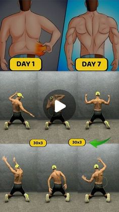 an image of a man doing exercises for his body and back with the words day 1 on