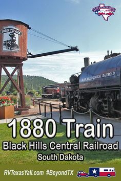 an advertisement for the black hills central railroad in south dakota, with a water tower