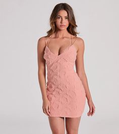 Create a romantic look in this mini dress perfect for bridal showers to graduations! The sleeveless dress features a V-neckline, sleek bungee spaghetti straps that create the open strappy back design, a bodycon fit, and is composed of a textured lace-lined fabric. Complete the look in strappy heels.Fit & FeaturesSleeveless V-necklineBungee spaghetti strapsOpen strappy back designBodycon silhouetteMini-length hemLined textured lace, moderate stretchRuns true to size Feminine V-neck Mini Dress For Prom, V-neck Mini Dress With Adjustable Straps For Date Night, V-neck Mini Dress With Straps For Date Night, Spring Mini Dress With Crisscross Spaghetti Straps, Summer Bridesmaid V-neck Mini Dress, Flirty Dress With Sweetheart Neckline And Crisscross Straps, Chic V-neck Mini Dress With Delicate Straps, Sweetheart Neckline Mini Dress For Brunch, Flirty Mini Dress With Sweetheart Neckline And Delicate Straps