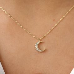 Elegant Moon-shaped Diamond Necklace Gift, Elegant Diamond Necklace With Moon Charm, Crescent Necklace With Diamond Accents As A Gift, Crescent Necklace With Diamond Accents For Gift, Elegant Crescent Jewelry With Diamond Accents, Fine Jewelry Crescent Shaped Cubic Zirconia, Fine Jewelry Crescent Cubic Zirconia, Diamond Necklace With Moon Charm For Anniversary, Crescent Cubic Zirconia Jewelry With Diamond Accents