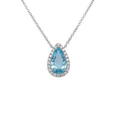 This 18K gold-weighted necklace features a beautiful pear-shaped aquamarine gemstone haloed by smaller gems for a timeless look. Perfect for any special occasion, its classic elegance will never go out of style. GEM 3.96 OV AQUAMARINE SIDE 0.49 RD TCW 22 PCS. F-G VS2 Formal Teardrop Diamond Necklace With Gemstone, Formal Teardrop Gemstone Diamond Necklace, Formal Blue Topaz Teardrop Pendant Necklace, Blue Topaz Teardrop Necklace For Formal Occasions, Formal Blue Topaz Teardrop Necklace, Formal Teardrop Blue Topaz Necklace, Blue Pear-shaped Diamond Necklace, Pear-shaped Blue Topaz Necklace, Formal Blue Topaz Drop Necklace