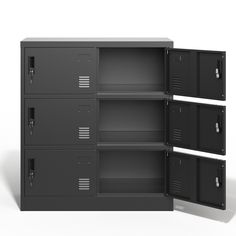 an empty metal locker with three doors and two shelves on each side, in front of a white background