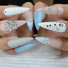 Nails With Snowflakes, Snow Nails, Holiday Nail Designs, Winter Nails Acrylic, Stiletto Nails Designs, Snowflake Nails, Disney Nails, Nails Blue