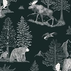 a black and white drawing of animals in the woods