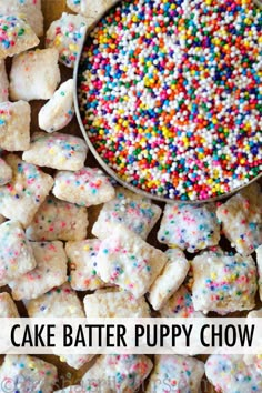 cake batter puppy chow with sprinkles and a bowl full of dog treats